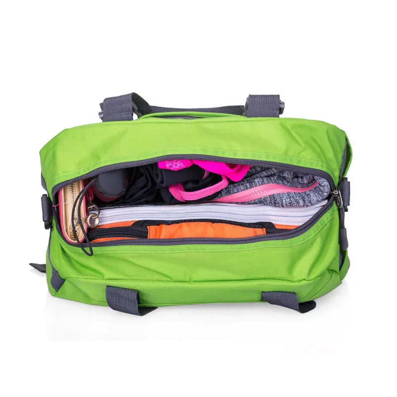 Nylon yoga and gym bag shown in available colours, next to a yoga mat, demonstrating its size for fitness equipment.