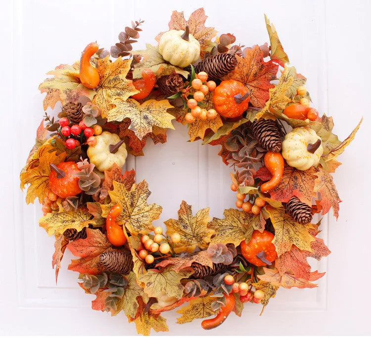 50cm autumn pumpkin wreath with fabric leaves, simulation pumpkins, berries and pine cones on a natural vine ring
