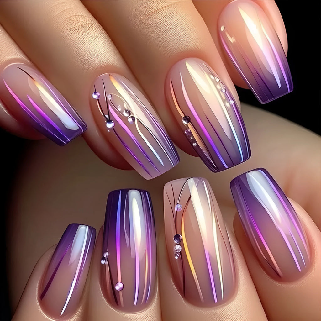 Magic Purple Line Streamer Gradient nail stickers with starry sky pattern and jelly glue bottle
