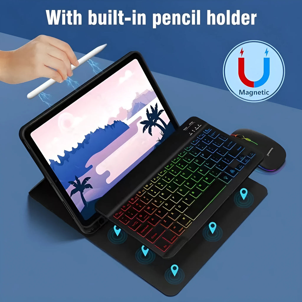 iPad in a black TPU protective case with an attached luminous RGB backlit Bluetooth keyboard, showing the built-in stand.