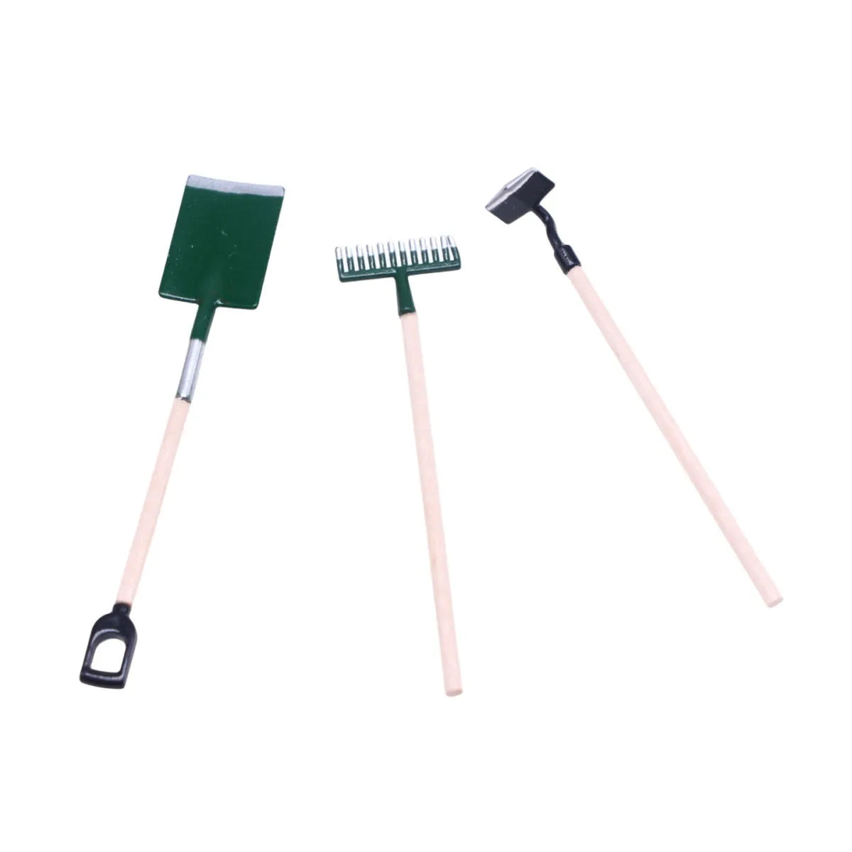 3pcs alloy miniature garden tool set for dollhouse elf garden and farm scenes, listed for ages 7-14