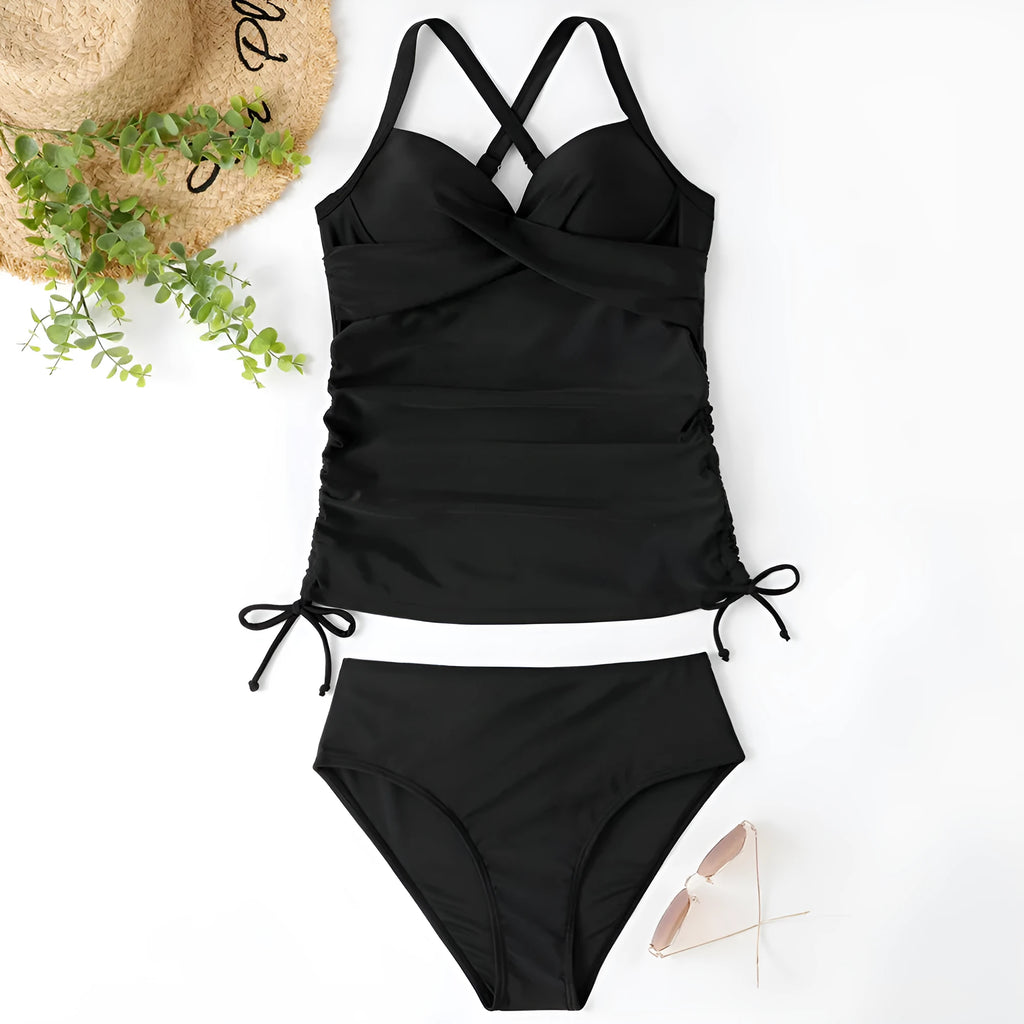 Women's black nylon bikini set with high waist briefs, shown on a mannequin for swimming sports.