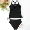 Women's black nylon bikini set with high waist briefs, shown on a mannequin for swimming sports.