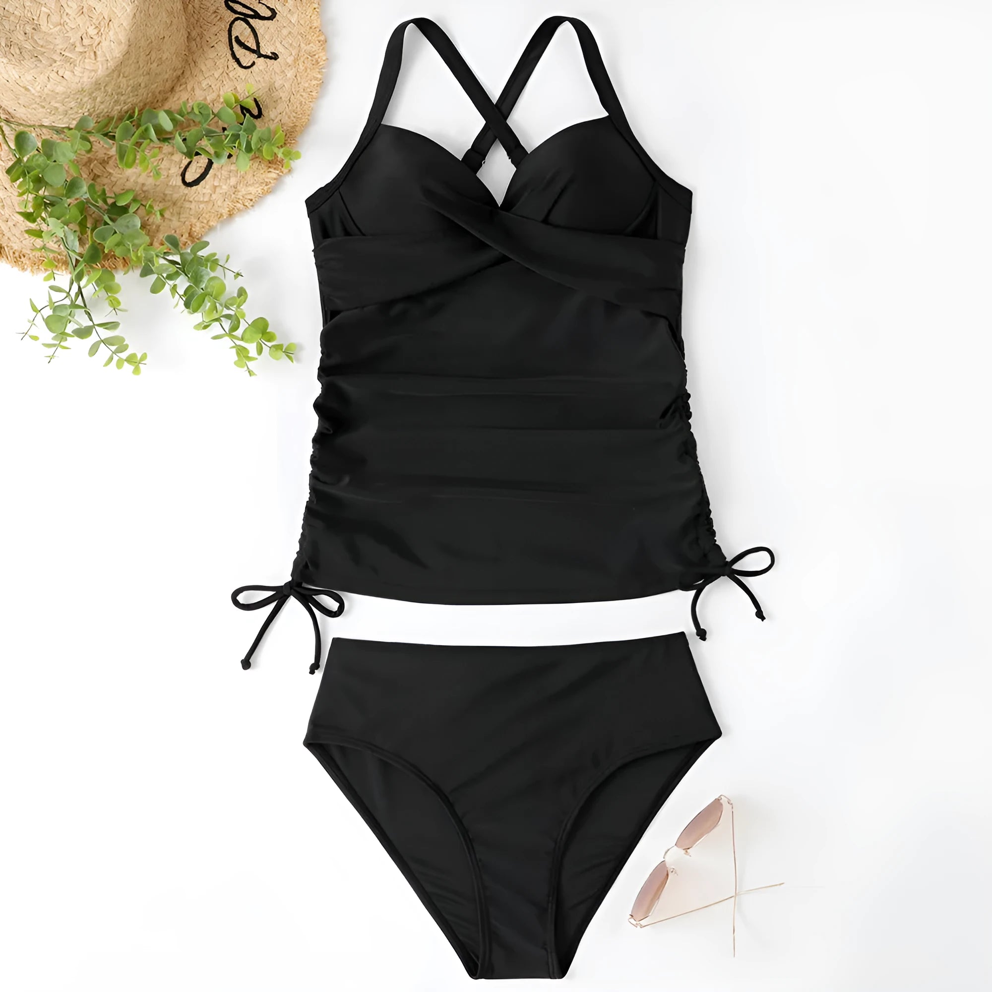 Women's black nylon bikini set with high waist briefs, shown on a mannequin for swimming sports.
