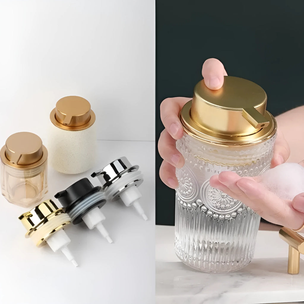 ABS plastic facial cleanser foam pump with large dispensing head in gold finish