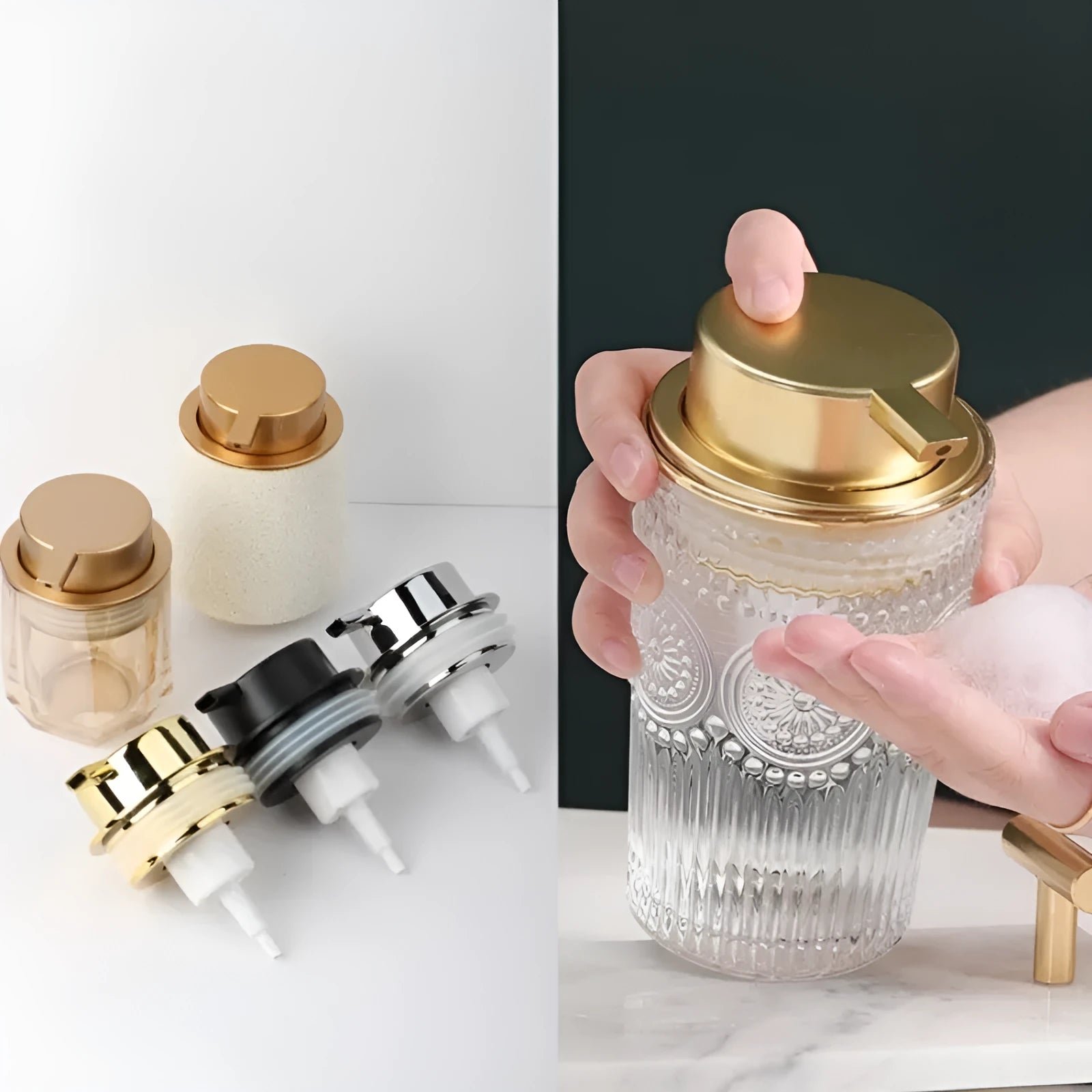ABS plastic facial cleanser foam pump with large dispensing head in gold finish