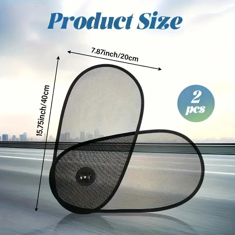 Black adjustable car window shade with suction cups mounted on vehicle side window