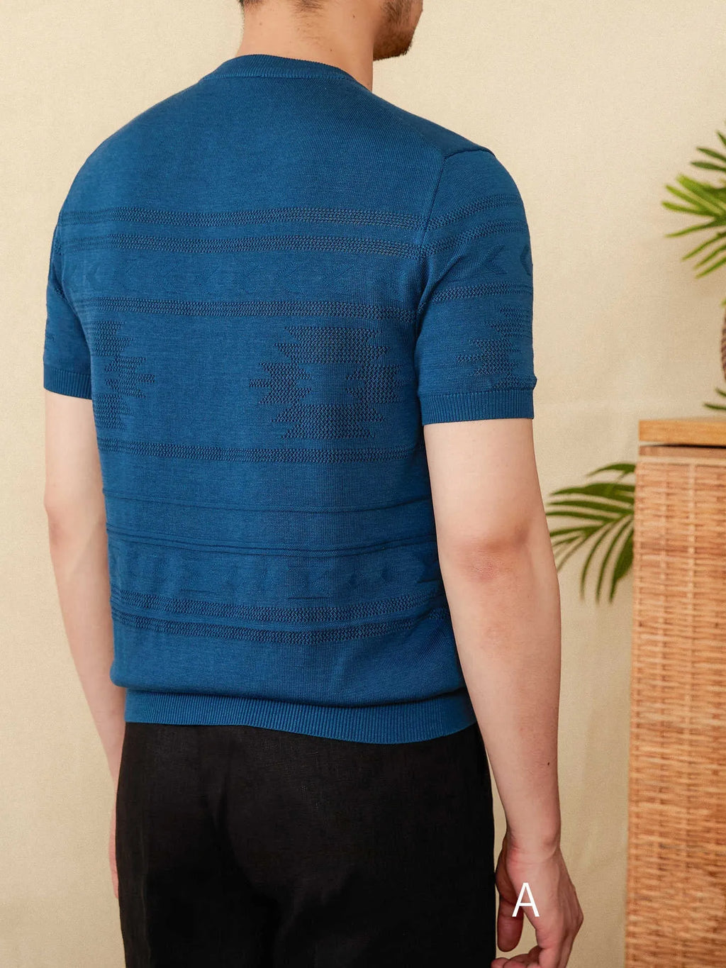Jacquard Tencel cotton blended knitted Henley shirt in creamy-white with short sleeves and Henley collar