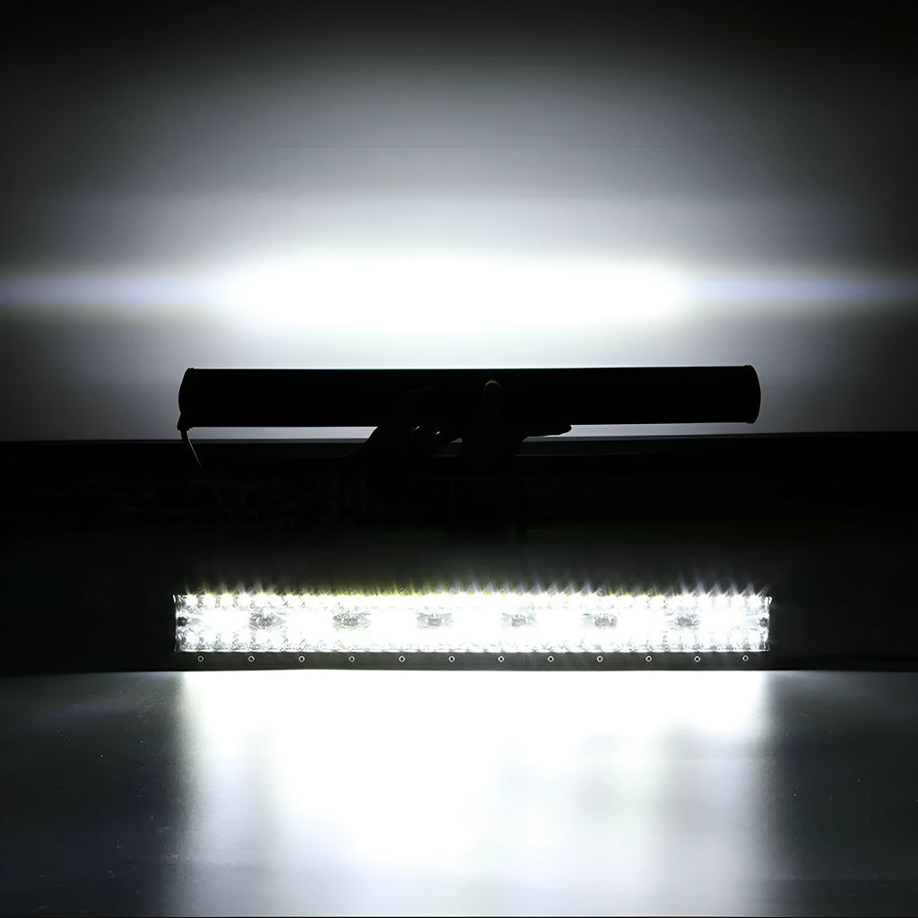 Three-row automotive LED strip work light in aluminium housing with mounting bracket, 6500K output