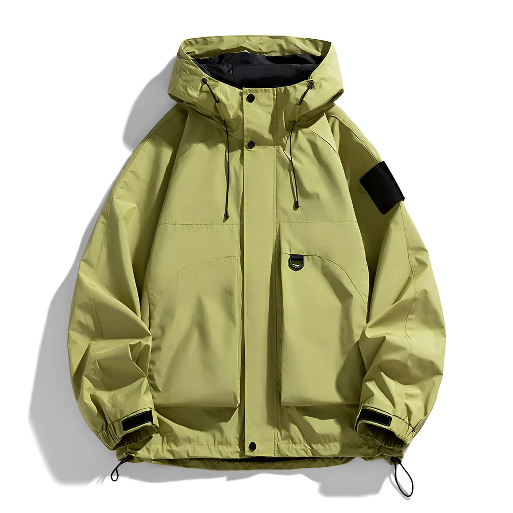 Men's hooded windproof waterproof jacket in chemical fibre blend available black purple ginger yellow