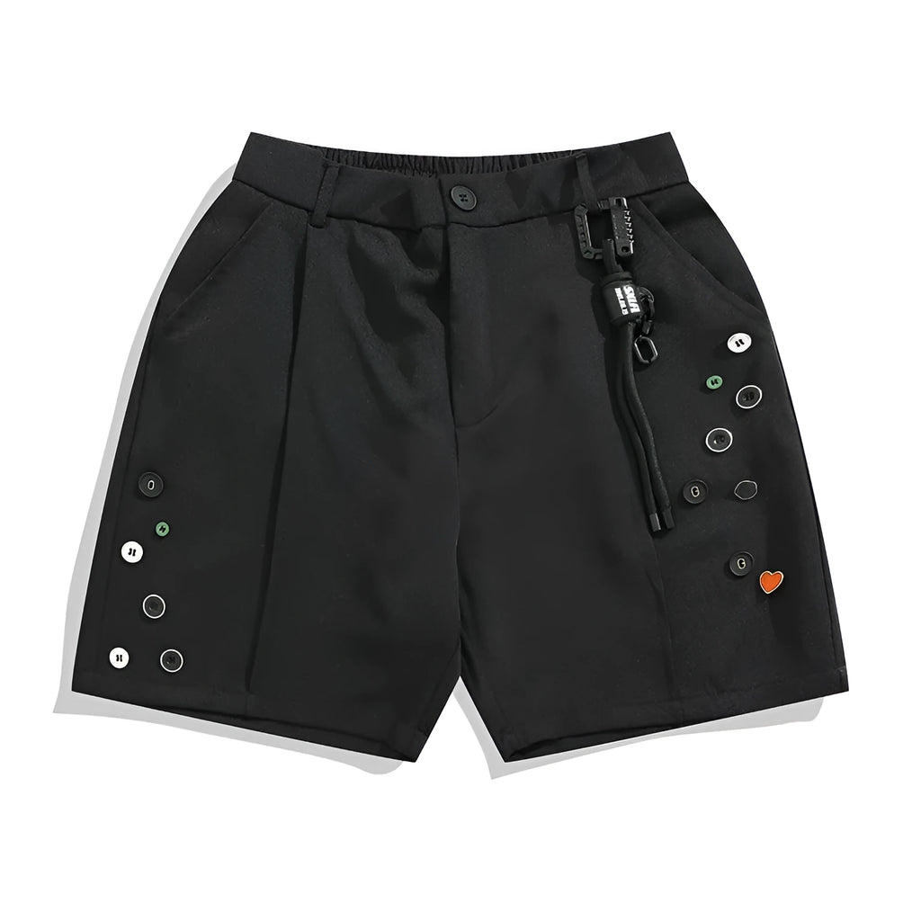 Black men's casual shorts with a button fly and semi-elastic waistband on a plain background.