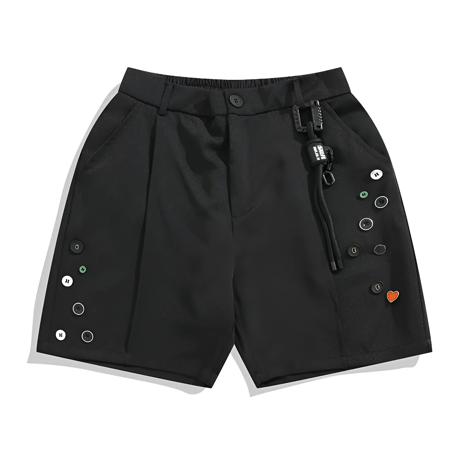 Black men's casual shorts with a button fly and semi-elastic waistband on a plain background.