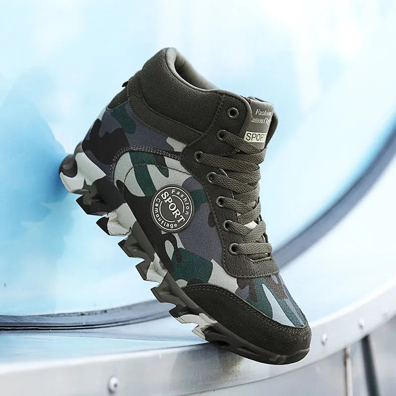 Green camouflage pattern on women's canvas casual sneakers with a rubber sole.