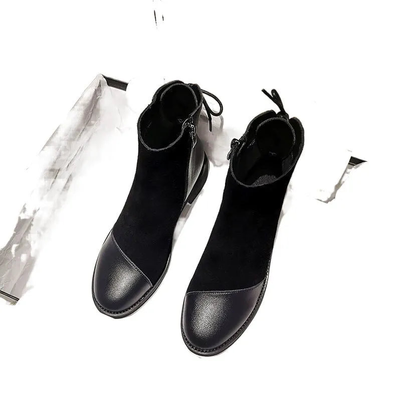 Black knee-high Martin boots for women with side zipper and round toe