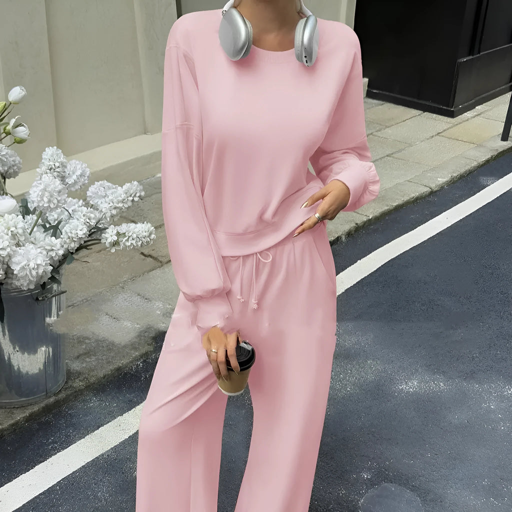 Women's solid colour casual two-piece set with long sleeves and trousers in polyester fabric