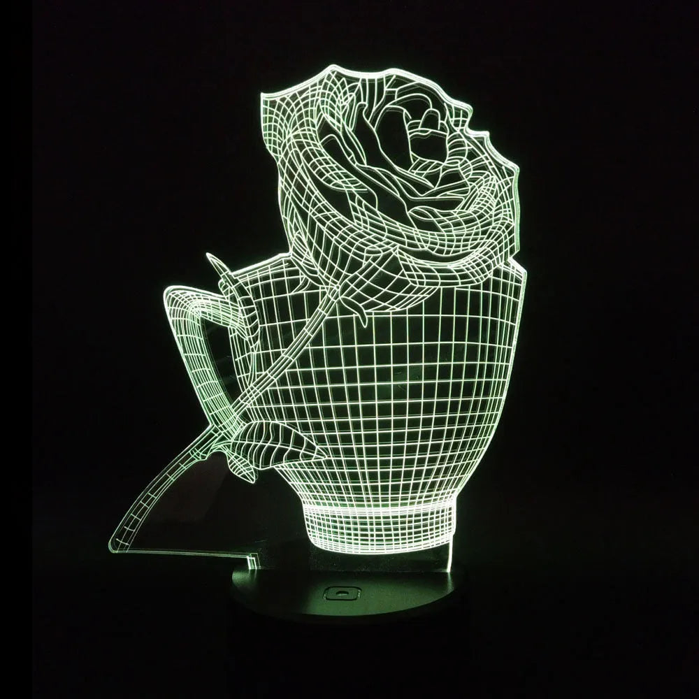 3D acrylic rose flower night light with remote control on a table, displaying purple light.