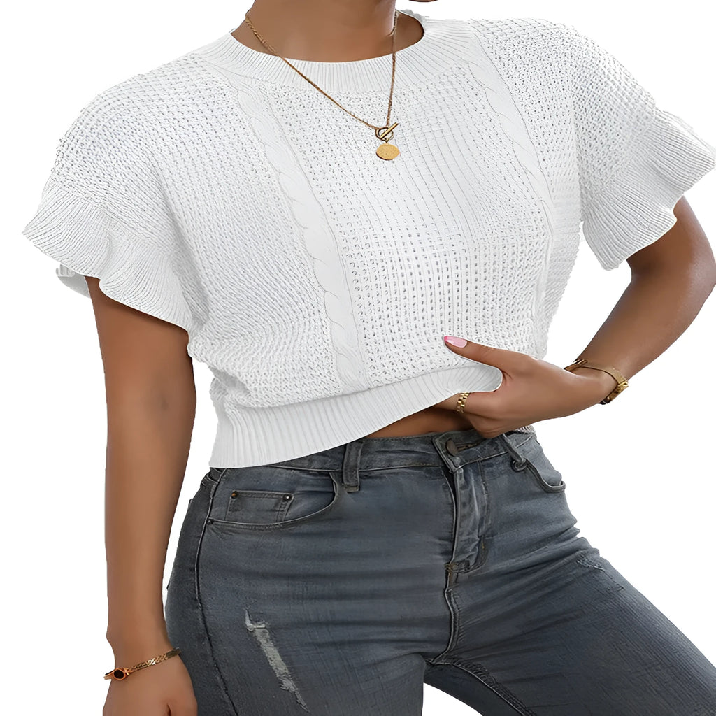 Women's twisted string design knitted pullover with ruffled short sleeves in loose Japanese Korean casual style
