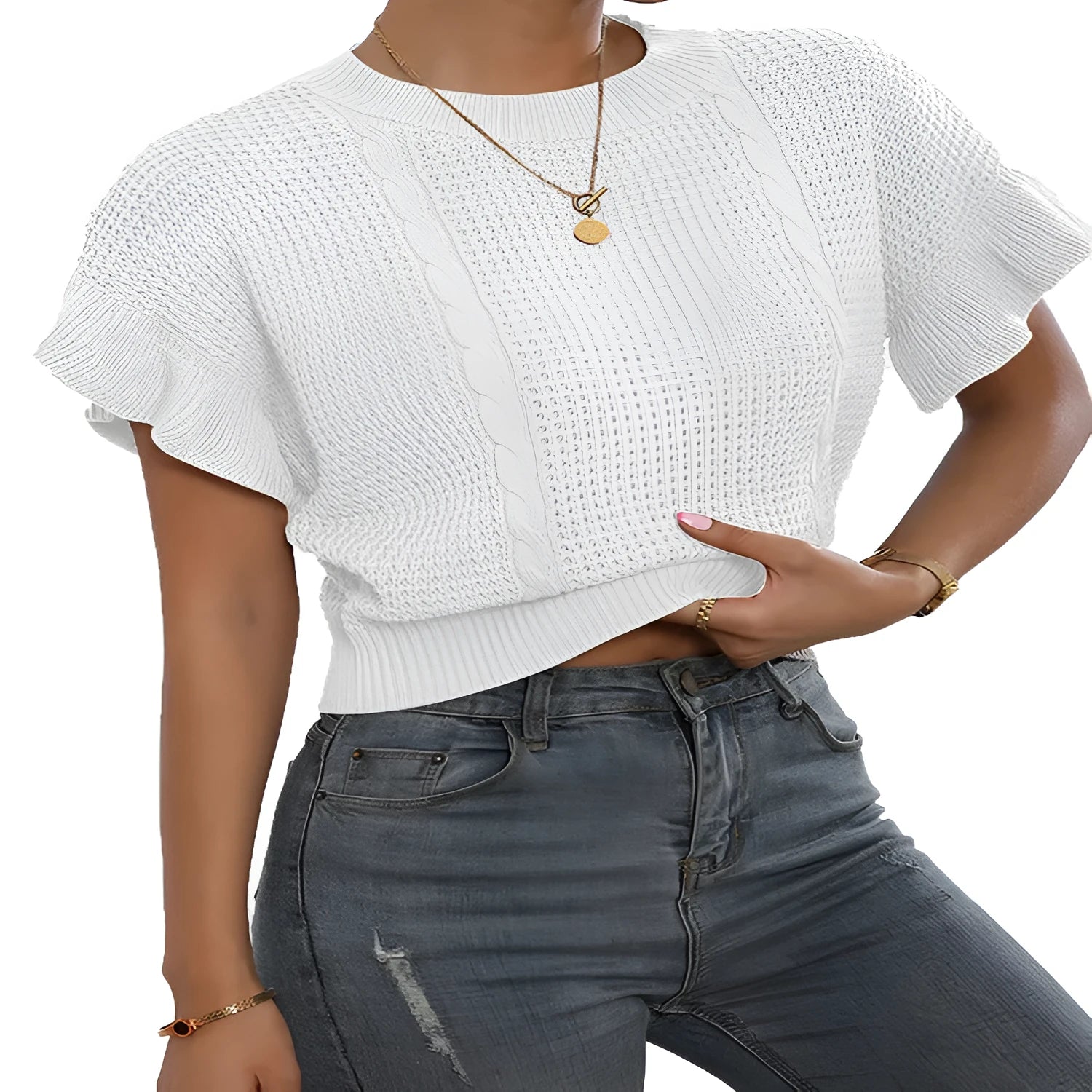 Women's twisted string design knitted pullover with ruffled short sleeves in loose Japanese Korean casual style