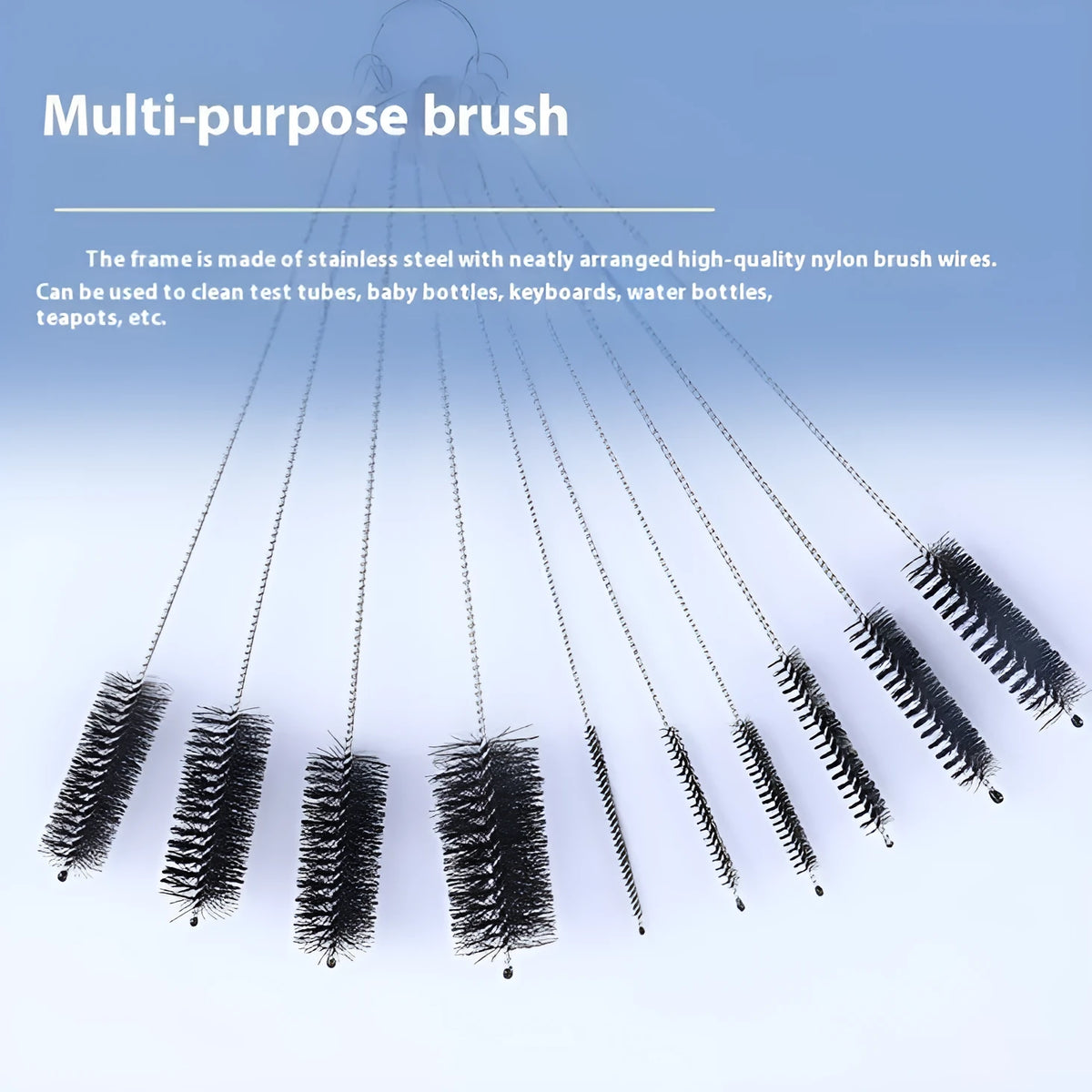 Nylon straw cleaning brush set with stainless steel handles and nylon bristles, 8 to 12 piece packs, white or black options.