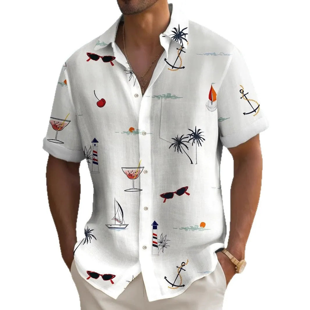 Men's loose fit Hawaiian shirt with digital print pattern in polyester fabric.