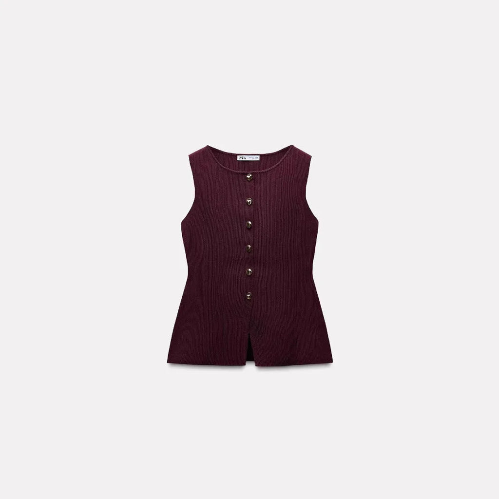 Dark red women's sleeveless vest cardigan with 3D pattern, slim fit viscose fibre construction