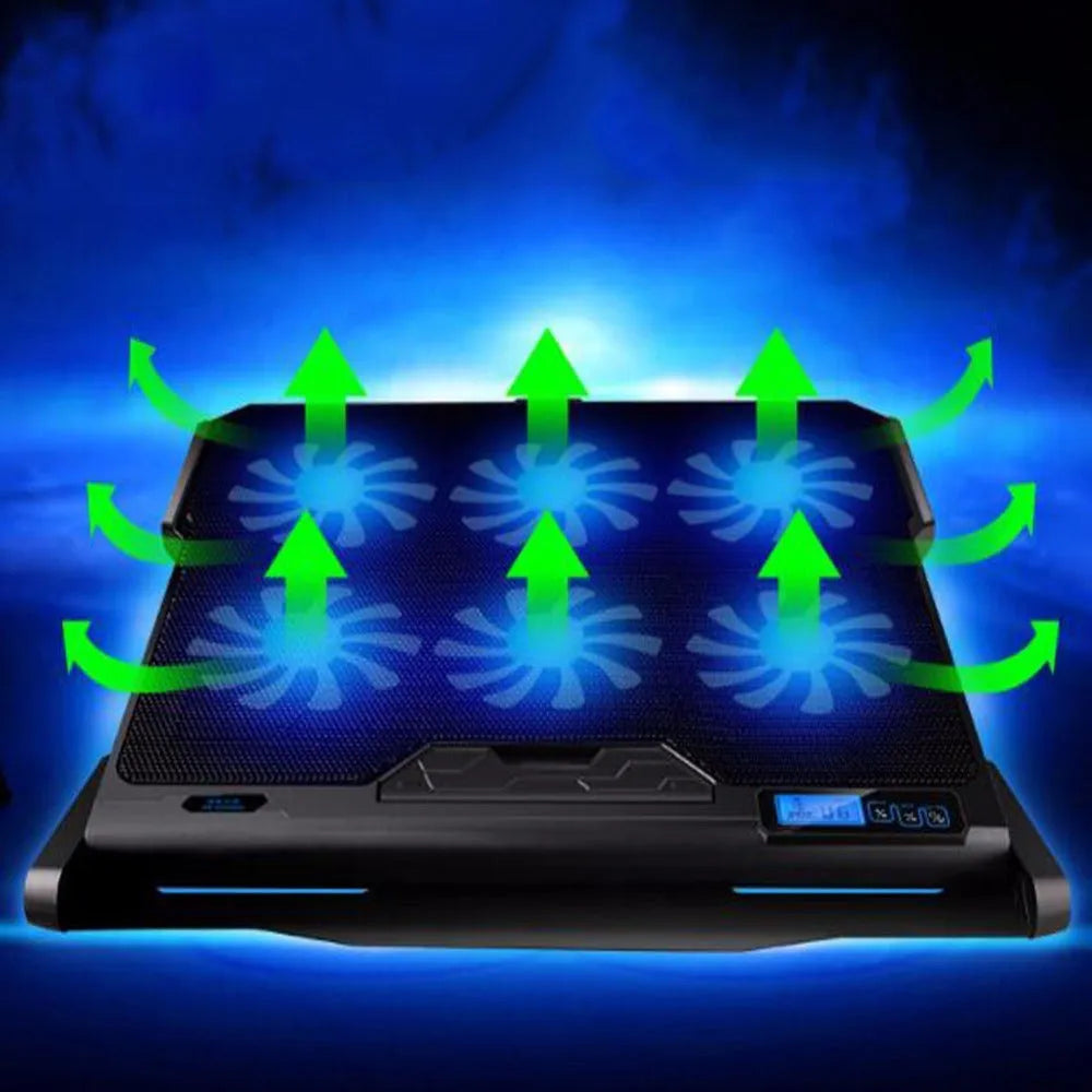 Black laptop cooling board with metal mesh surface and LCD speed control display