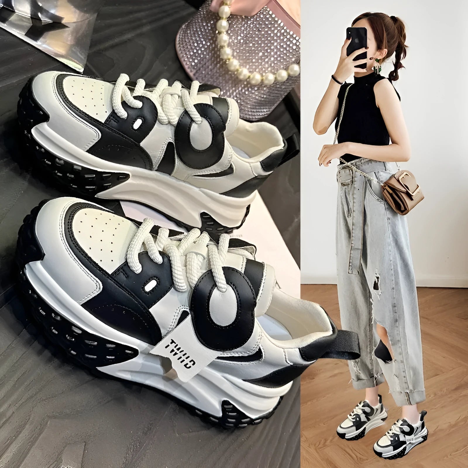 A pair of leather casual shoes with a thick wedge sole and round toe in a lace-up design.
