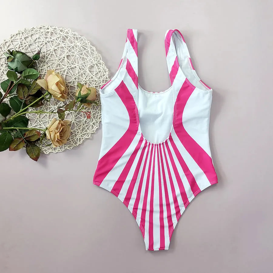 Pink striped women's one-piece swimsuit with digital print on front and back.