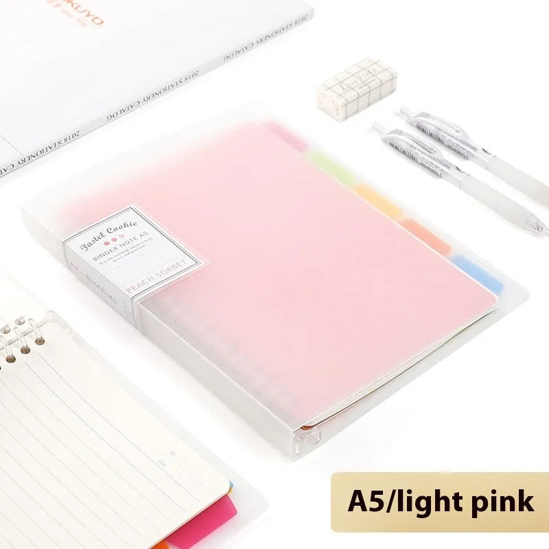 Refillable A5 and B5 spiral notebook with PP cover, shown in pastel cookie blue and plaid impression designs with loose-leaf paper.