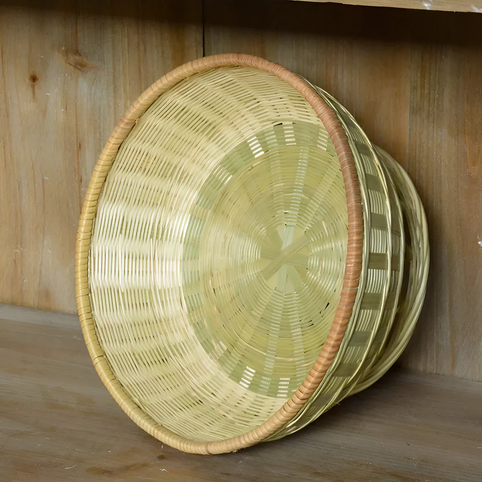 Handmade bamboo storage basket in three sizes: 24x12cm, 25x9cm, and 26x8cm