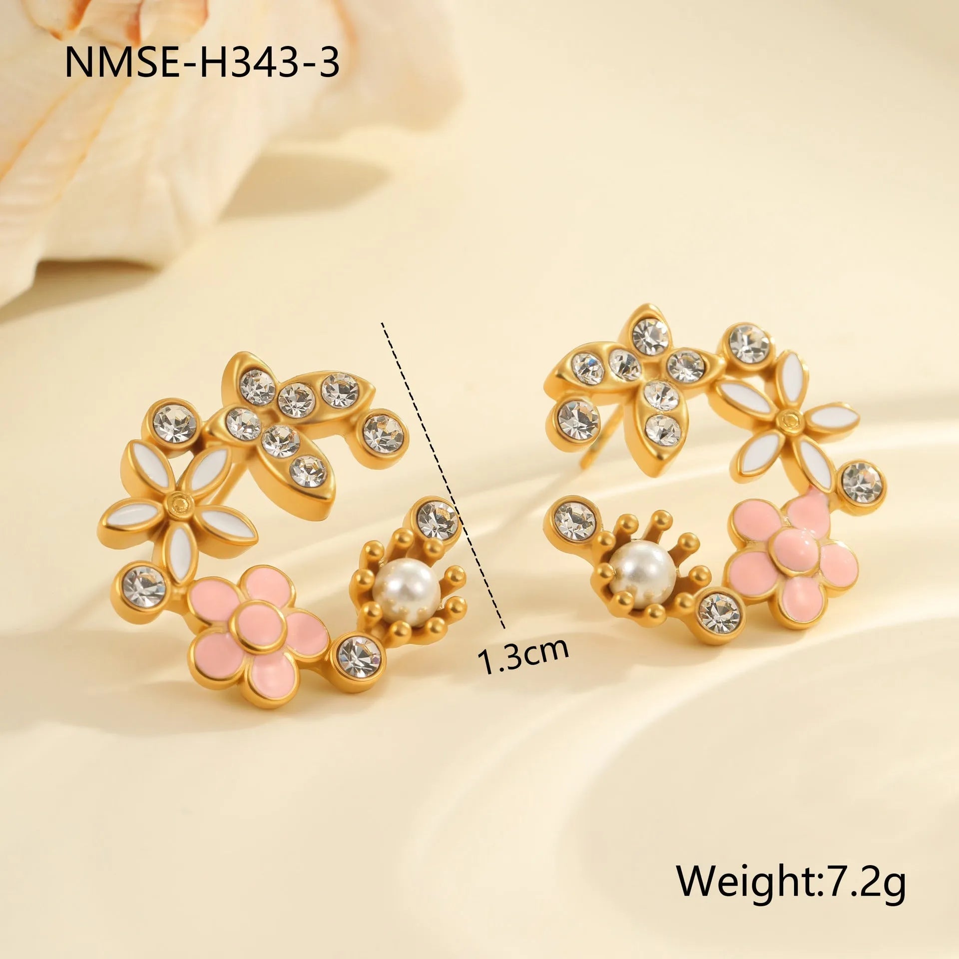 Gold-plated flower stud earrings with colourful oil diamond centre and petal design on stainless steel