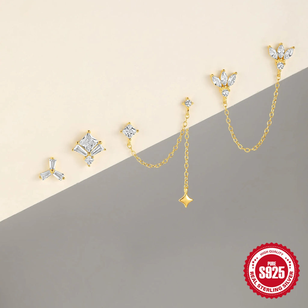 S925 sterling silver zircon chain stud earrings in golden colours with geometric designs