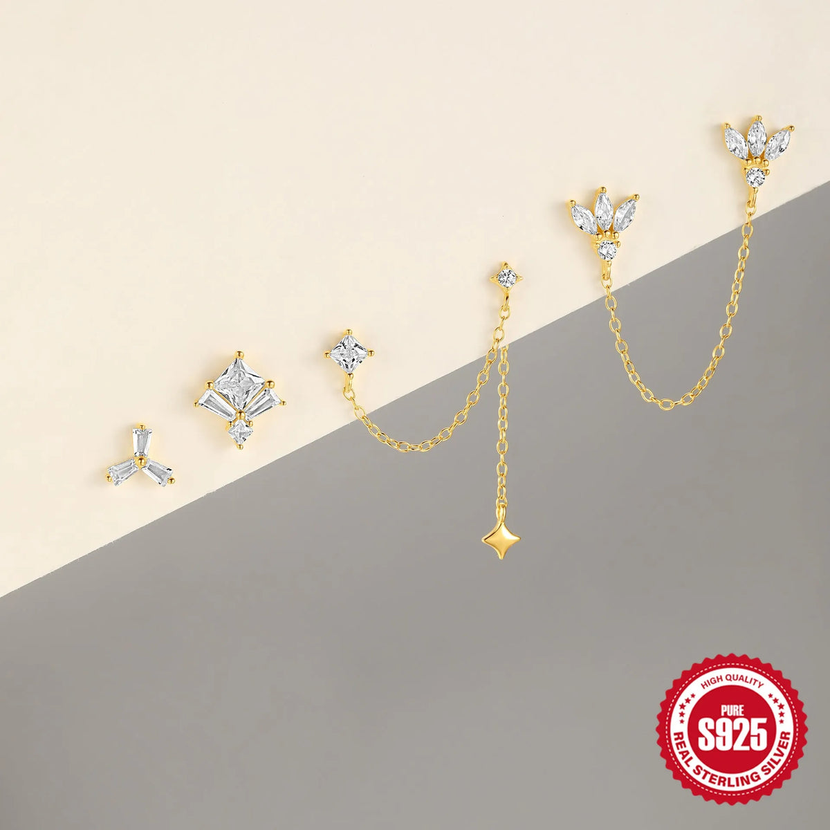 S925 sterling silver zircon chain stud earrings in golden colours with geometric designs