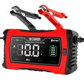 Fiberglass car motorcycle storage battery charger in red and black with EU power supply and blue full-charge indicator