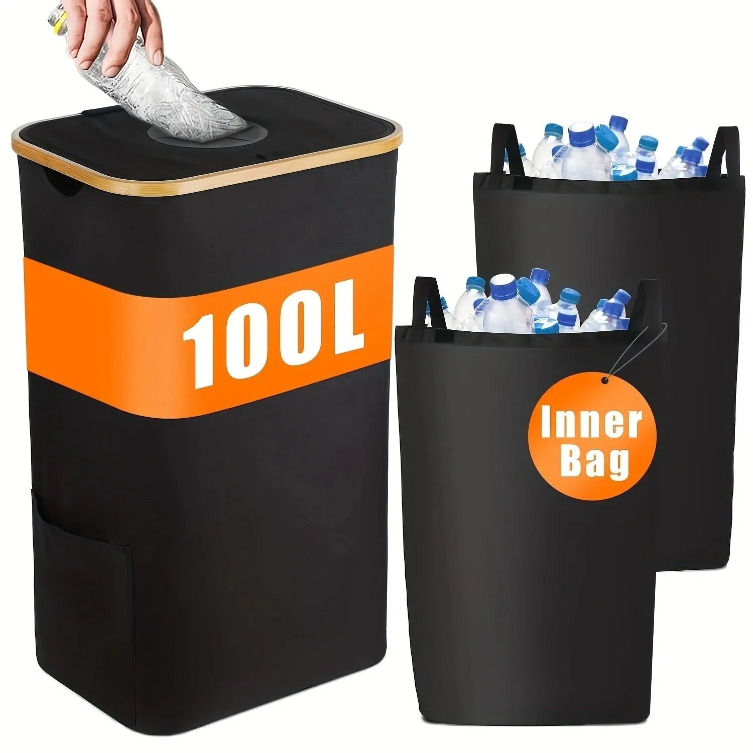 Black bamboo-pattern storage basket with removable lid and two inner pockets for organisation.
