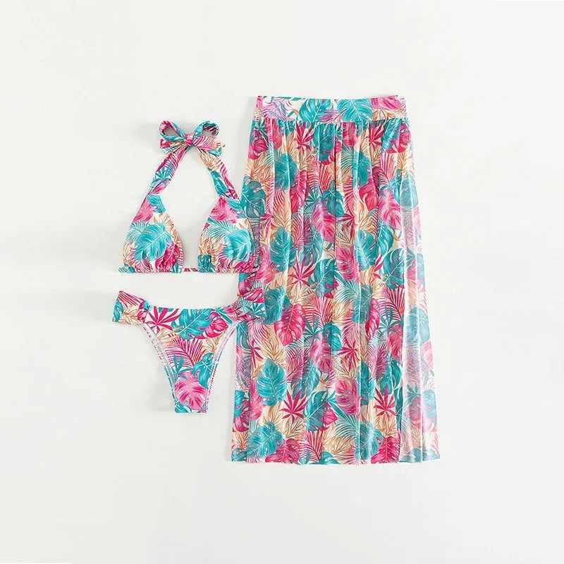 Women's three-piece floral swimsuit set with polyester bikini and printed mesh beach skirt with split