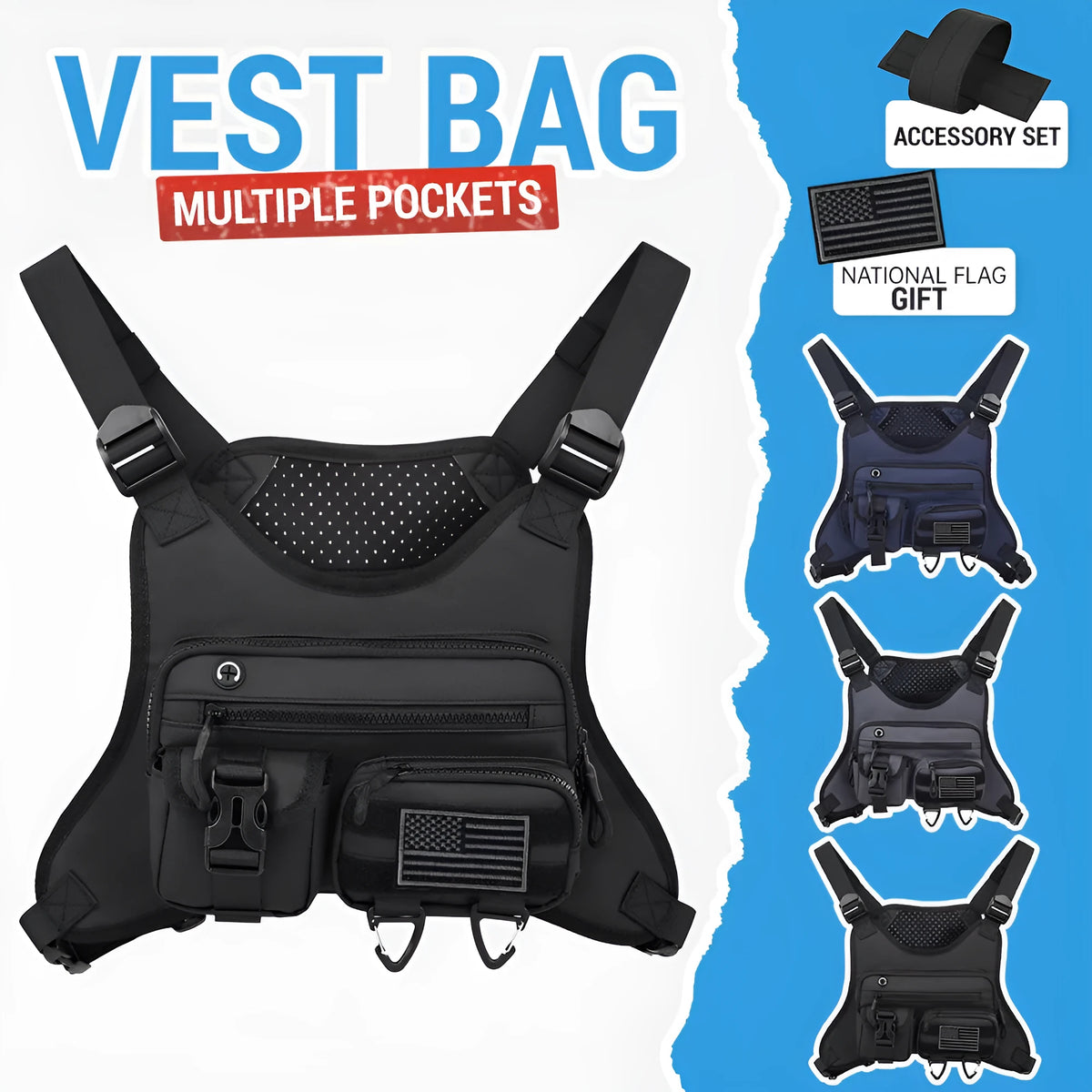 Oxford cloth chest bag for outdoor sports and riding in black, grey, and blue colours