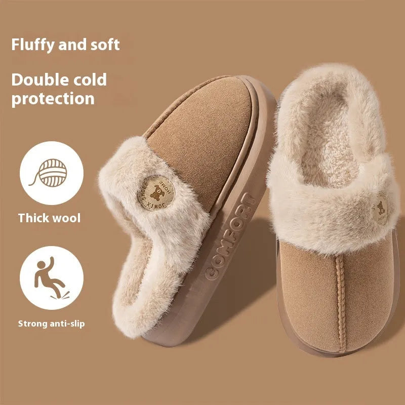 Plush winter home slippers for women and men with non-slip PVC sole, available in black, blue, brown, khaki, and pink.