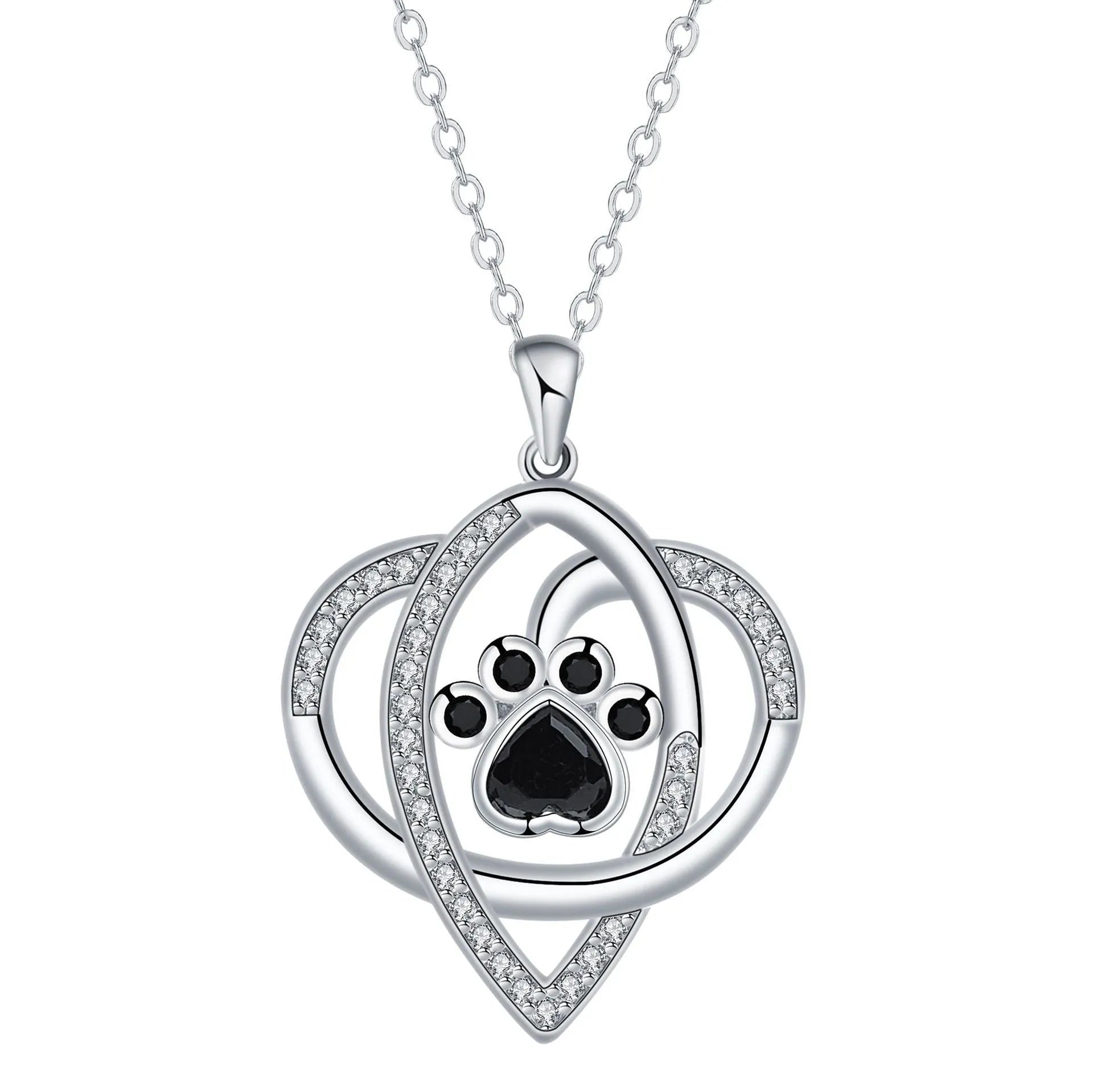 Copper necklace with cat and dog paw prints pendant on a cross chain, electroplated finish.