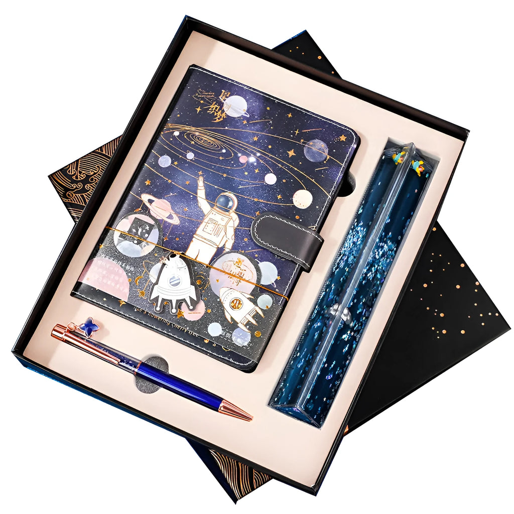 Galaxy Dream notebook with cartoon astronaut, galaxy buckle-book cover, wireless binding, and astronaut ballpoint pen