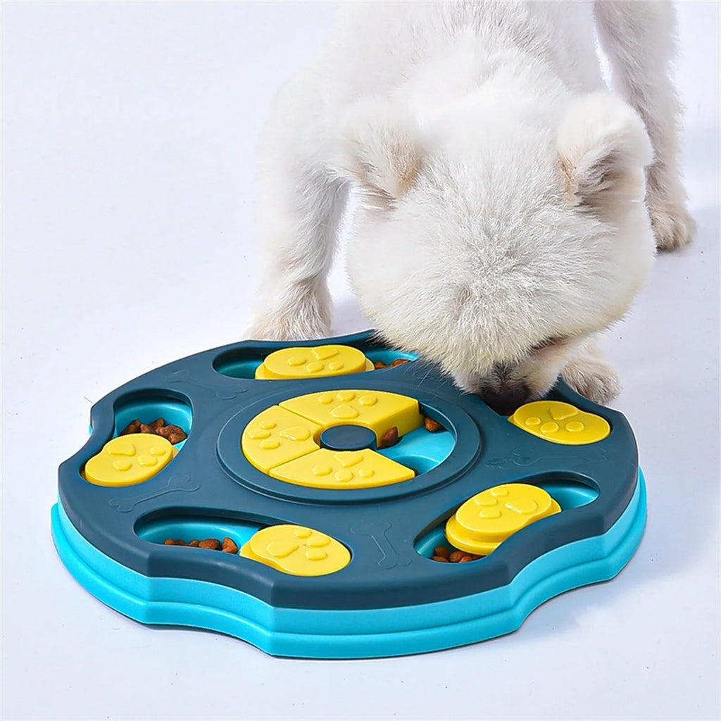 Blue and pink dog puzzle toy showing food bowl and interactive searching game design for aggressive chewers.