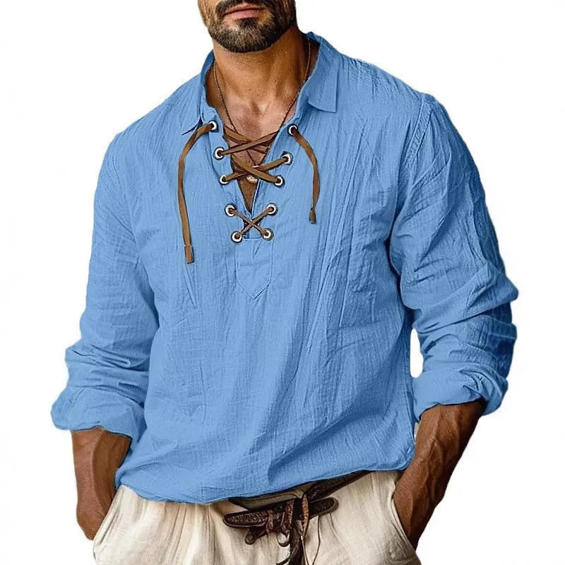 Men's loose fit long sleeve linen shirt with decorative lace detailing on the lapels.