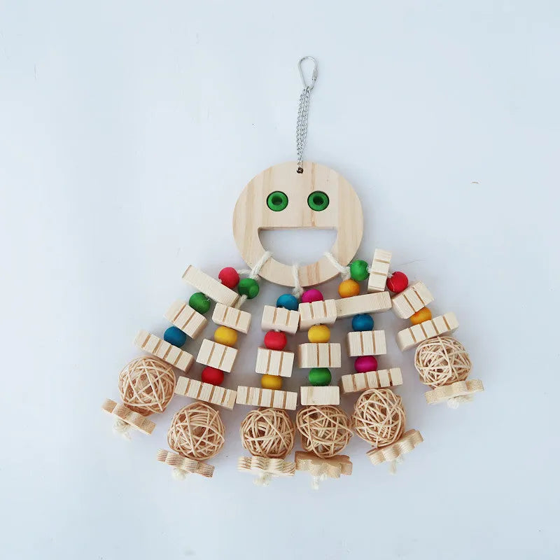 Natural wooden parrot toy with slotted blocks, beads, and string for chewing and play