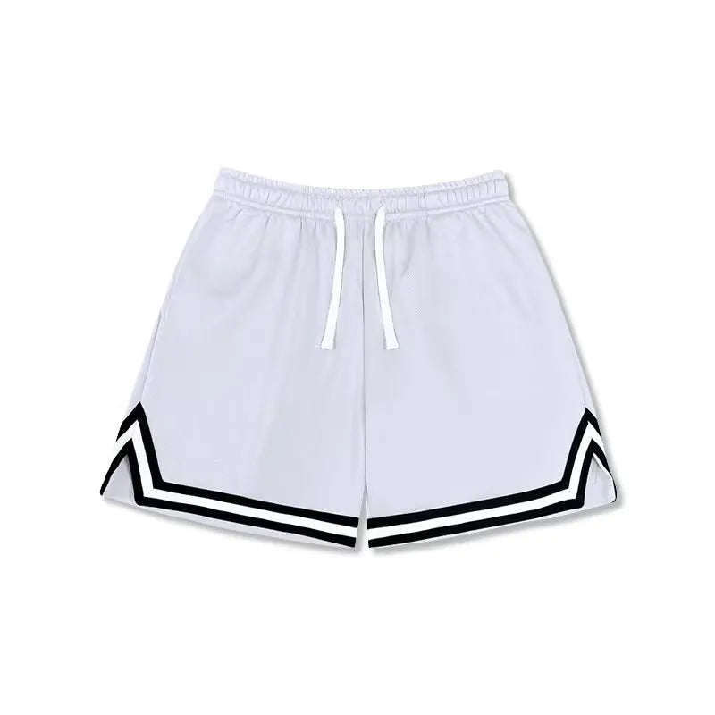 Men's loose-fit polyester sports shorts in various colours on a size chart background