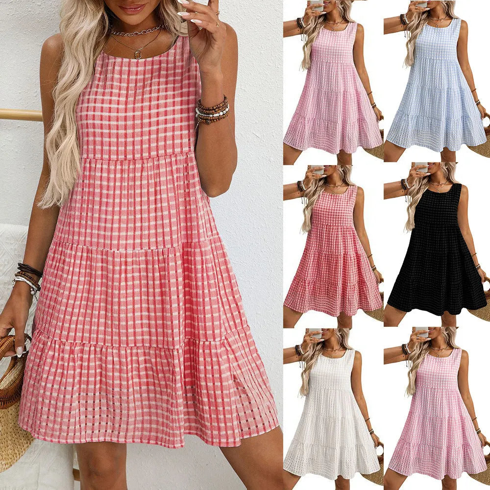 Women's light blue sleeveless plaid dress with high waist and flowing skirt on hanger