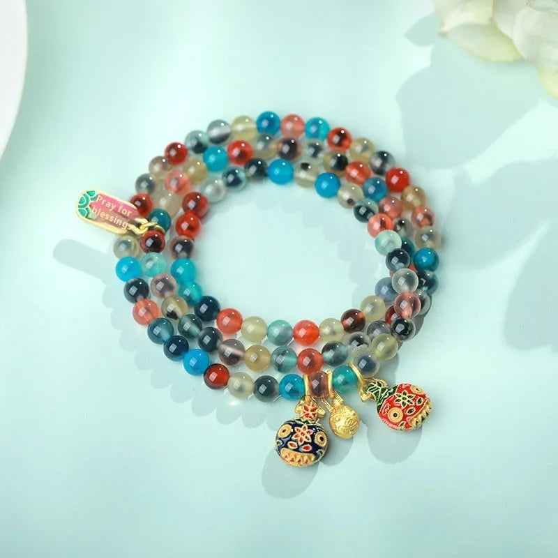 Women's natural agate bracelet with colourful sugar heart glaze and copper coin snake geometric design
