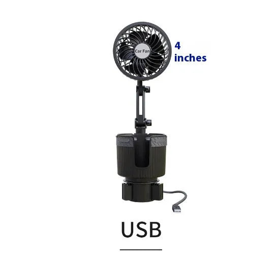 Car water cup holder fan in ABS, available in 4-inch and 6-inch sizes with 12V, 24V or 5V USB plug
