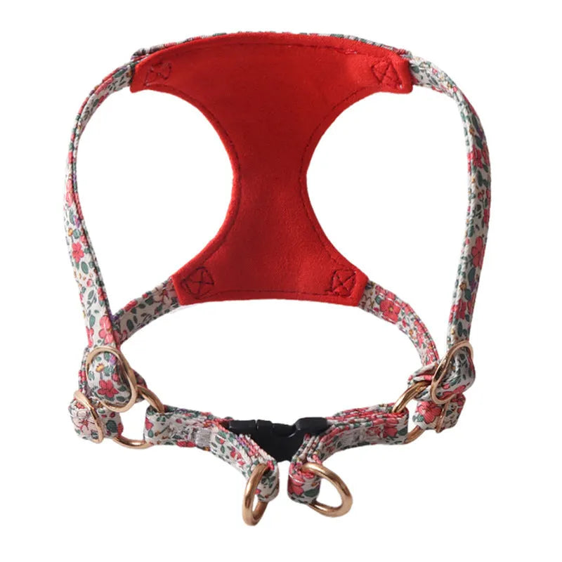 Floral pattern cloth pet harness and leash set for small dogs in multiple colour options