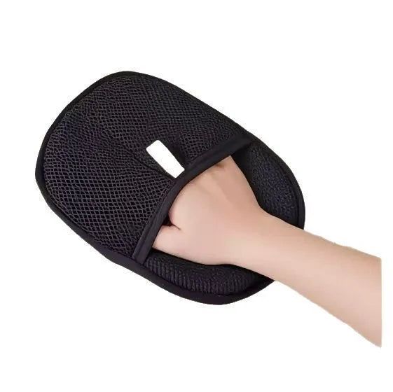 Black pet hair remover mitt glove with dual-sided silicone brush on breathable mesh material