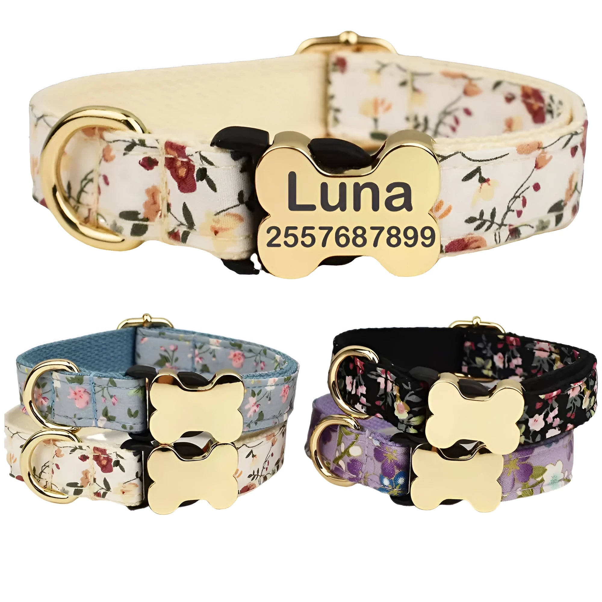 Flat nylon dog collar with a grid print and a silver bone-shaped metal buckle on a green background.